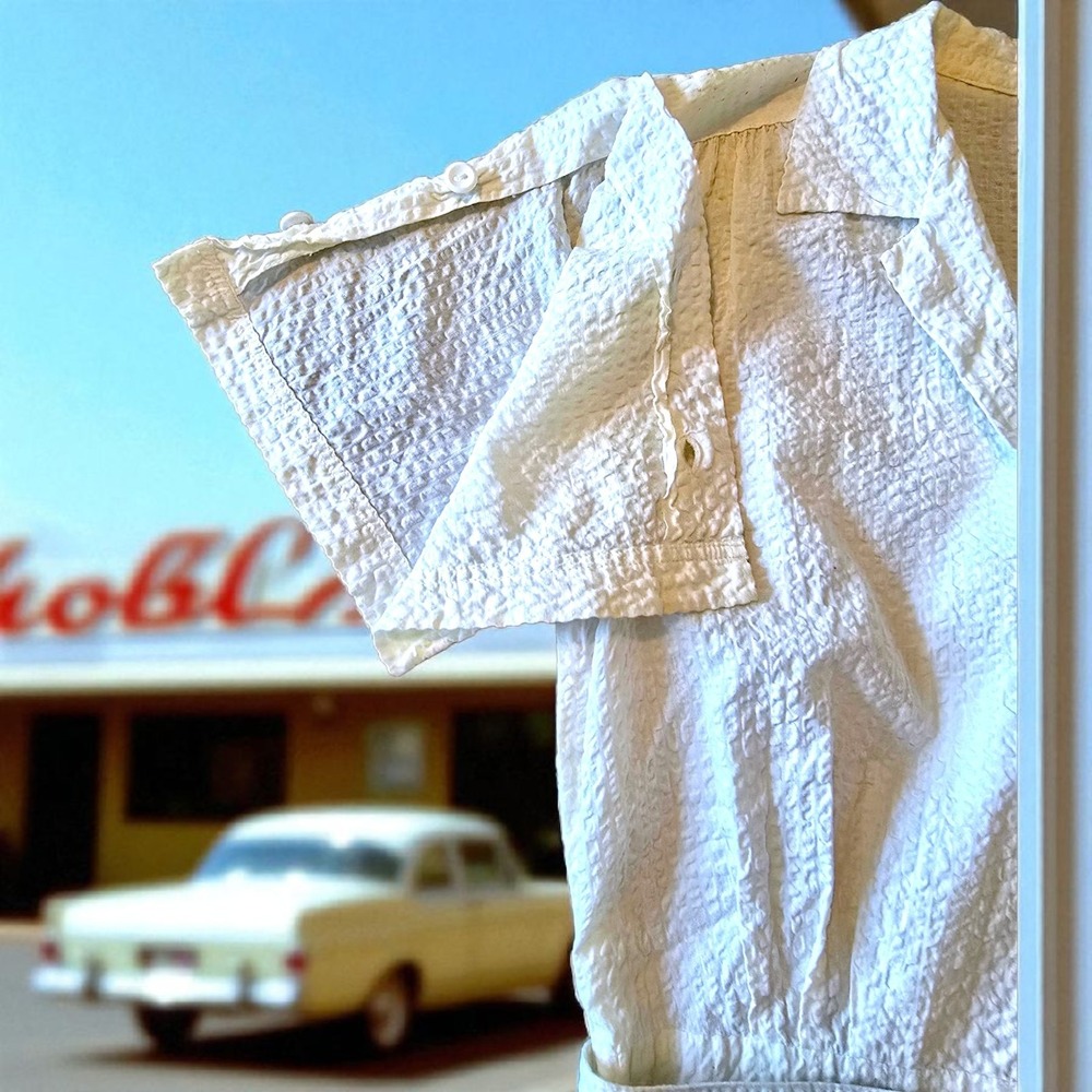 Vintage 1940s Wayne Maids White Seersucker Uniform Dress Belted Button Front 40 - Picture 4 of 16